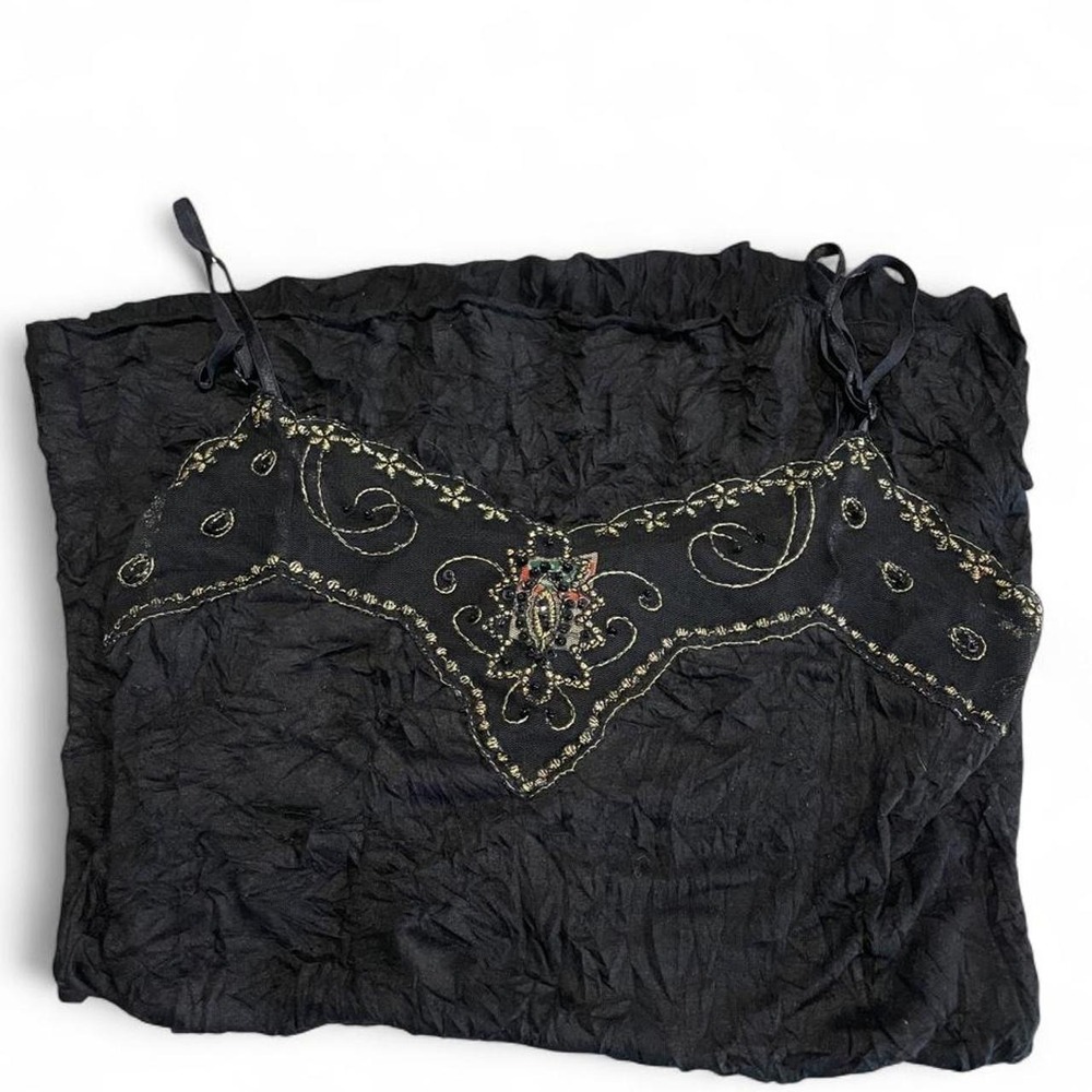 Y2K black lace cami top with gold embroidery and beading